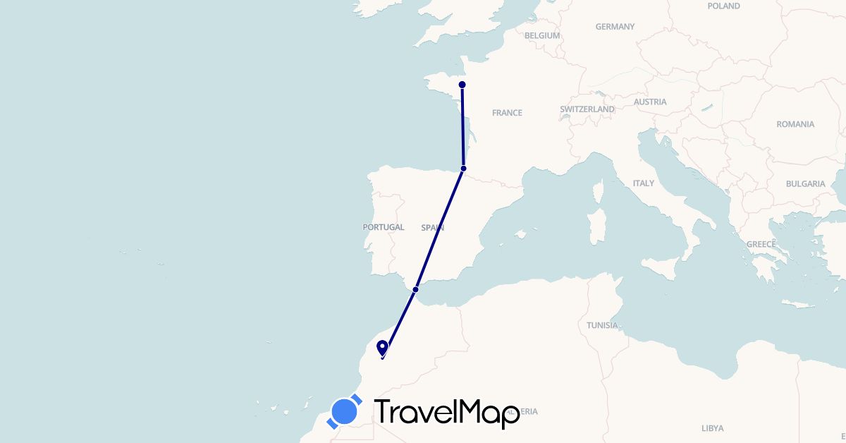 TravelMap itinerary: driving in France, Gibraltar, Morocco (Africa, Europe)